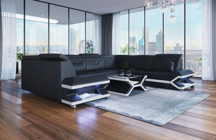 Mini Ledersofa Sorrento U Form mit LED und USB in schwarz - weiss