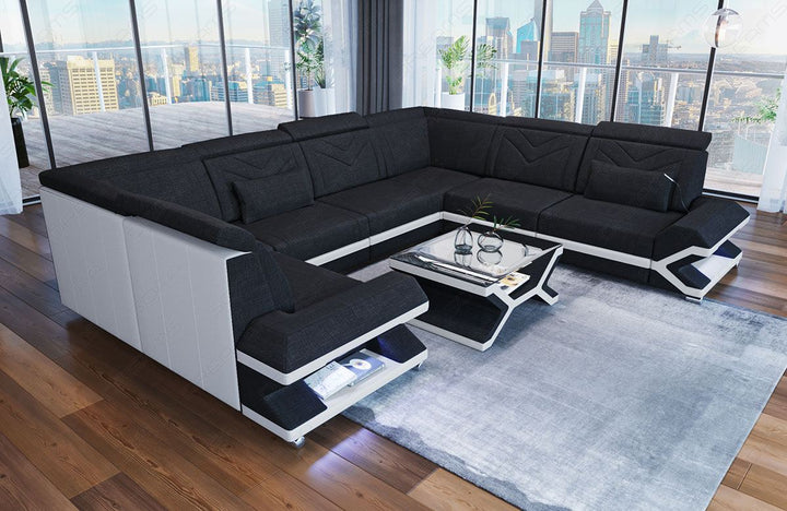 Sofa Sorrento mit Stoffbezug als Mini U Form in schwarz - Hugo14 Strukturstoff
