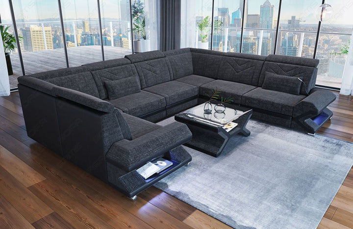 Sofa Sorrento mit Stoffbezug als Mini U Form in schwarz-grau - Hugo12 Strukturstoff