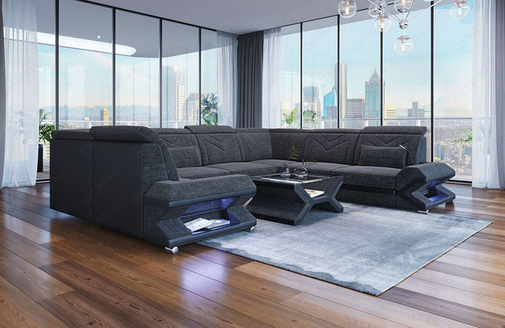Sofa Sorrento mit Stoffbezug als Mini U Form in schwarz-grau - Hugo12 Strukturstoff