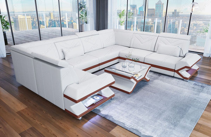 Mini Ledersofa Sorrento U Form mit LED und USB in weiss - braun