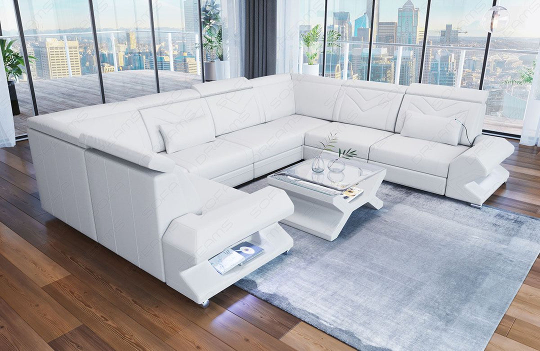 Mini Ledersofa Sorrento U Form mit LED und USB in weiss