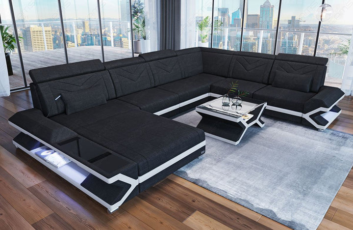 XXL Stoffsofa Napoli U Form Mini Sofa mit LED in dunkelgrau - Hugo13 Strukturstoff