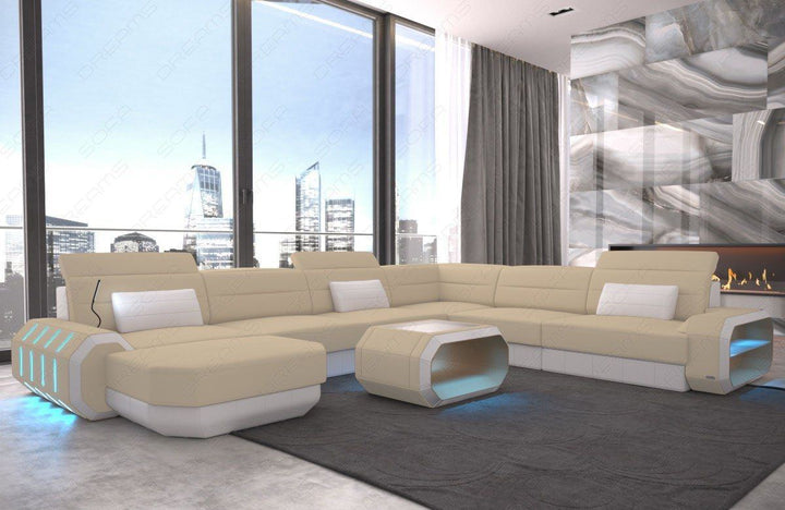XXL Stoffsofa Roma U Form Sofa Mini mit LED in beige - Mineva4 Mikrofaser Stoff