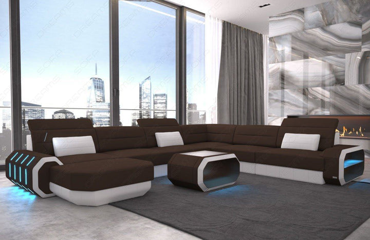 XXL Stoffsofa Roma U Form Sofa Mini mit LED in dunkelbraun - Mineva7 Mikrofaser Stoff
