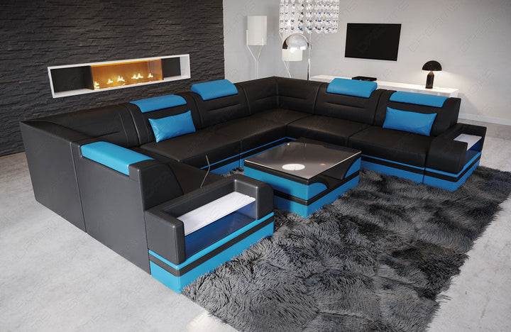 Design Leder Wohnlandschaft Trivento U Form in schwarz-blau