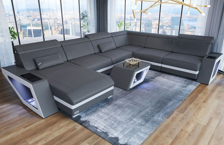 Ledersofa Catania Mini XXL mit LED und USB in grau - weiss