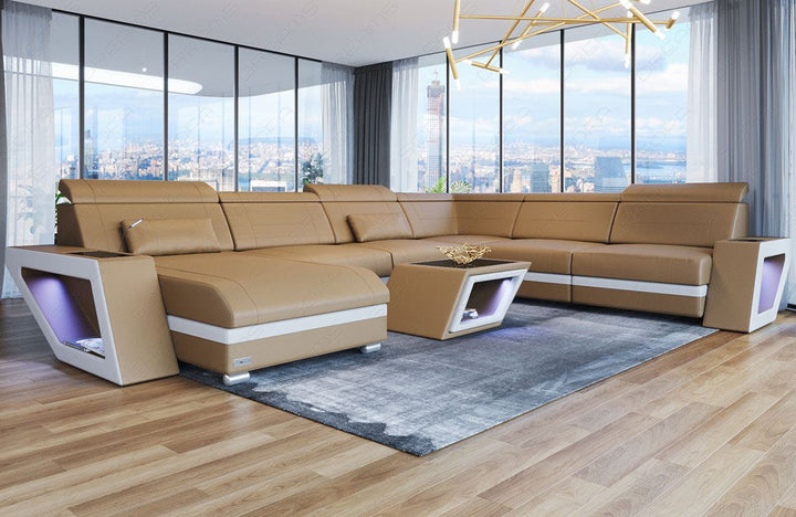 XXL Leder Wohnlandschaft Catania in sandbeige - weiss