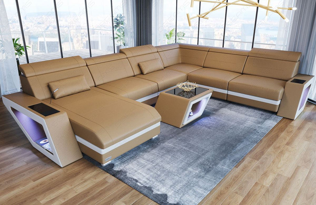 XXL Leder Wohnlandschaft Catania in sandbeige - weiss