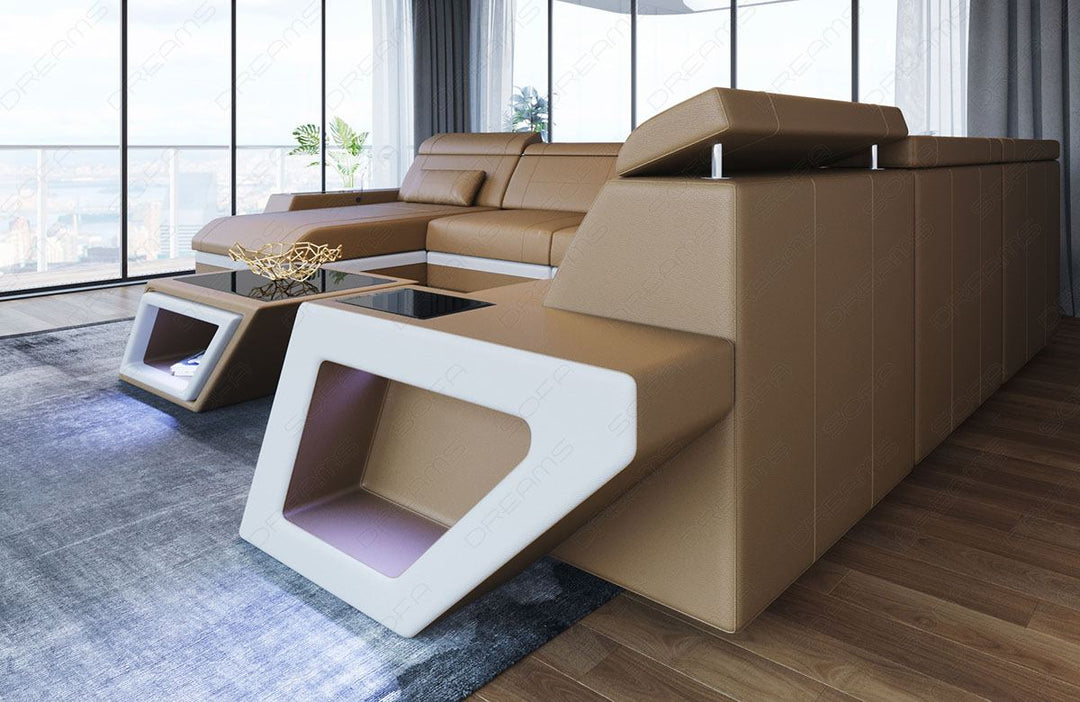 XXL Leder Wohnlandschaft Catania in sandbeige - weiss