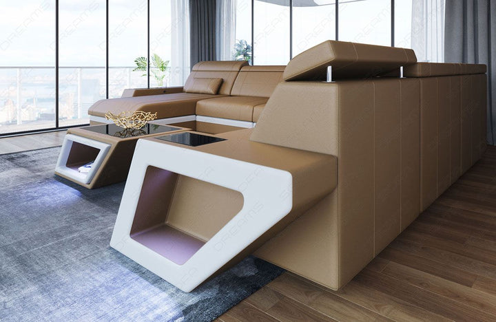 XXL Leder Wohnlandschaft Catania in sandbeige - weiss