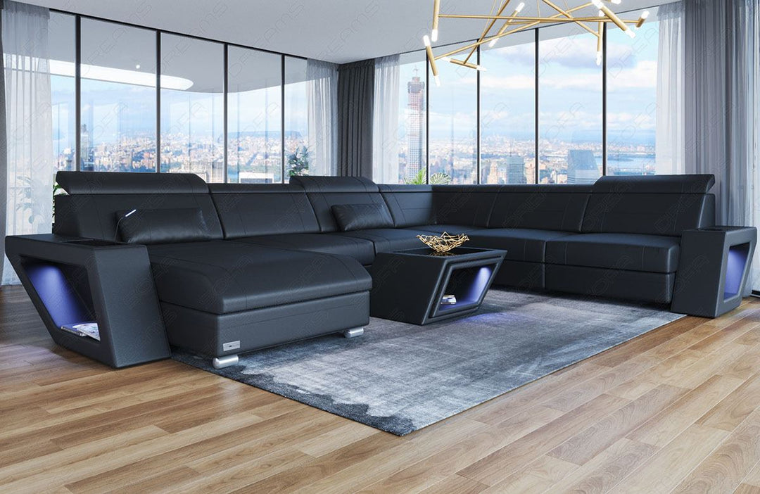 Ledersofa Catania Mini XXL mit LED und USB in schwarz