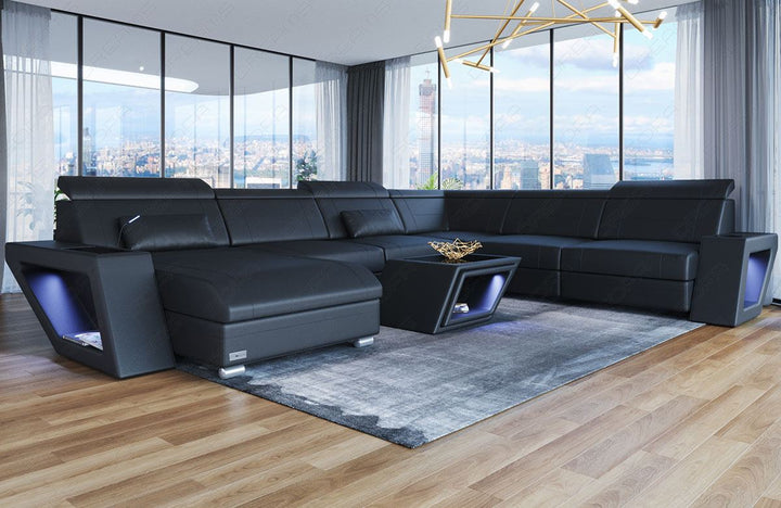Ledersofa Catania Mini XXL mit LED und USB in schwarz