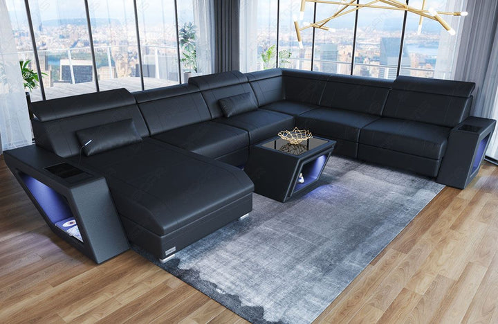 Ledersofa Catania Mini XXL mit LED und USB in schwarz