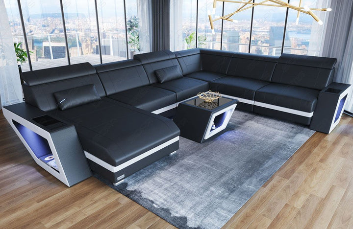 Ledersofa Catania Mini XXL mit LED und USB in schwarz - weiss