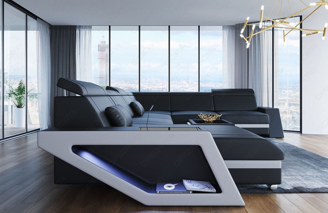 Ledersofa Catania Mini XXL mit LED und USB in schwarz - weiss