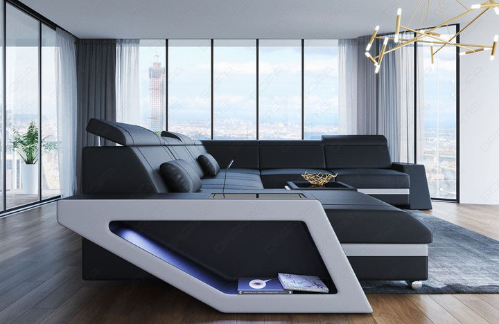 Ledersofa Catania Mini XXL mit LED und USB in schwarz - weiss
