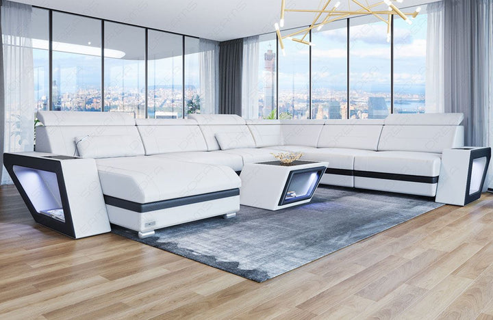 Ledersofa Catania Mini XXL mit LED und USB in weiss - schwarz