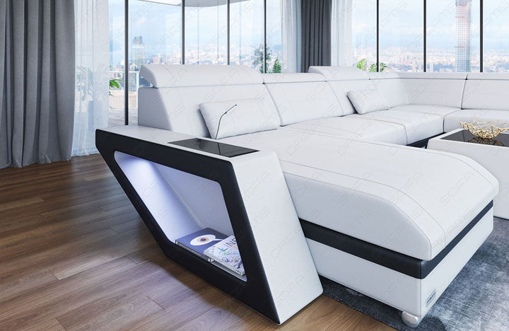 Ledersofa Catania Mini XXL mit LED und USB in weiss - schwarz