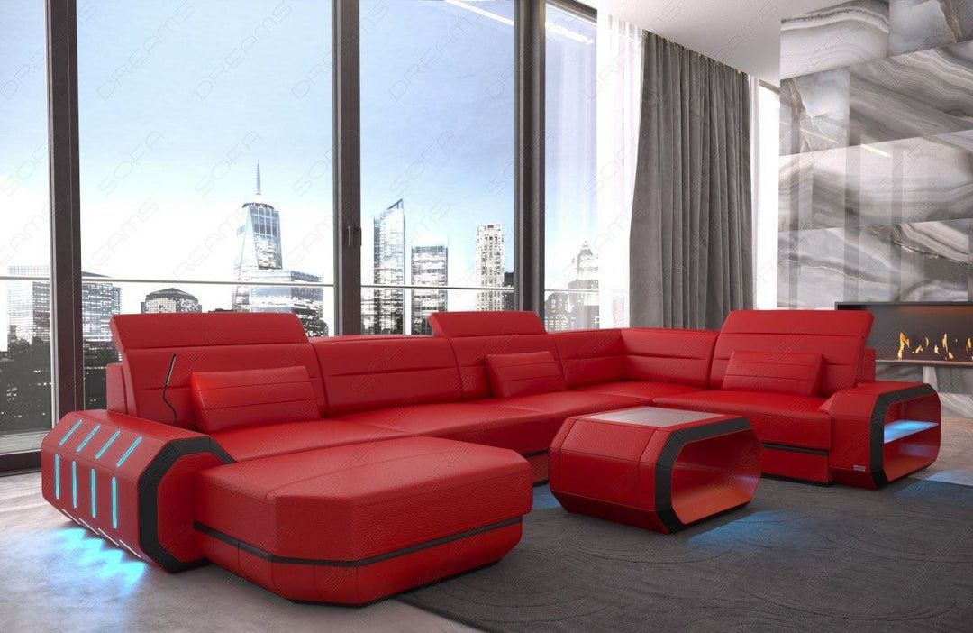 Mini U Form Ledersofa Roma mit LED und auch USB - rot-schwarz