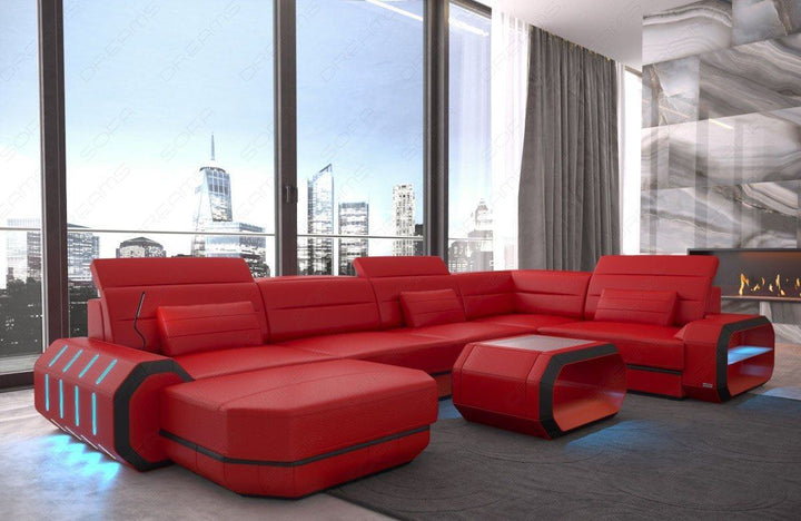 Mini U Form Ledersofa Roma mit LED und auch USB - rot-schwarz