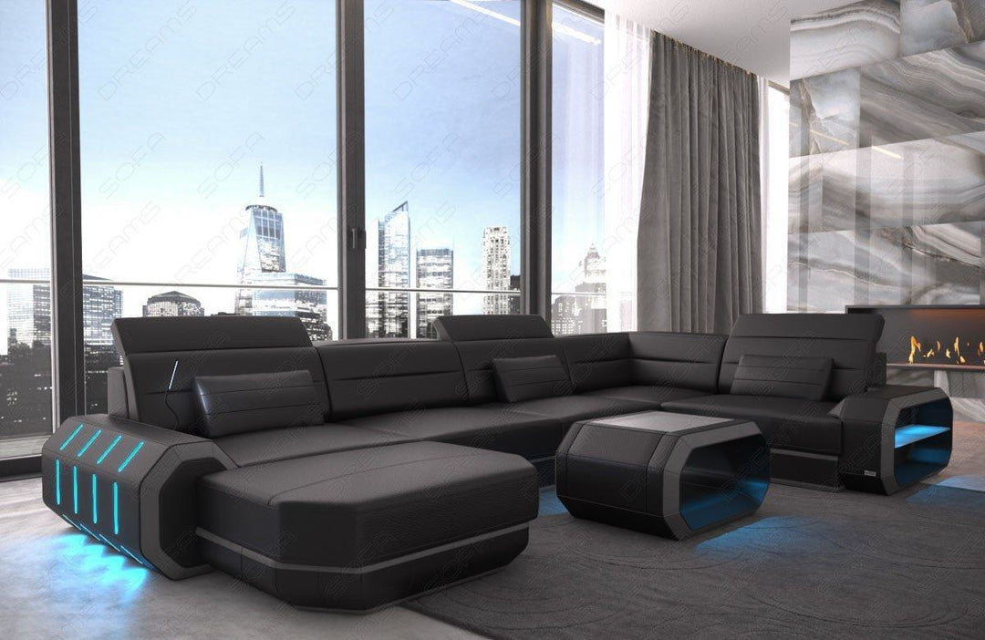 Mini U Form Ledersofa Roma mit LED und auch USB - schwarz-grau