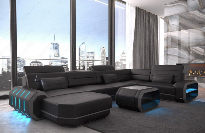 Mini U Form Ledersofa Roma mit LED und auch USB - schwarz-grau