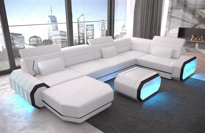 Mini U Form Ledersofa Roma mit LED und auch USB - weiss-schwarz