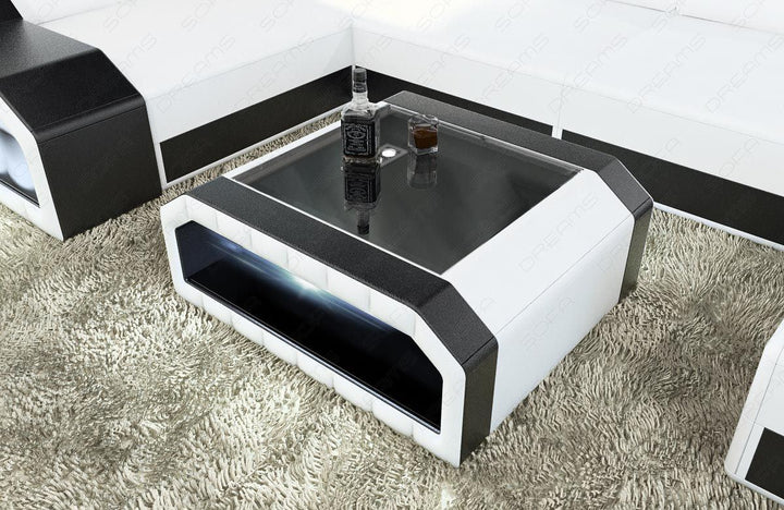 Leder Couchtisch Matera mit LED in weiss-schwarz
