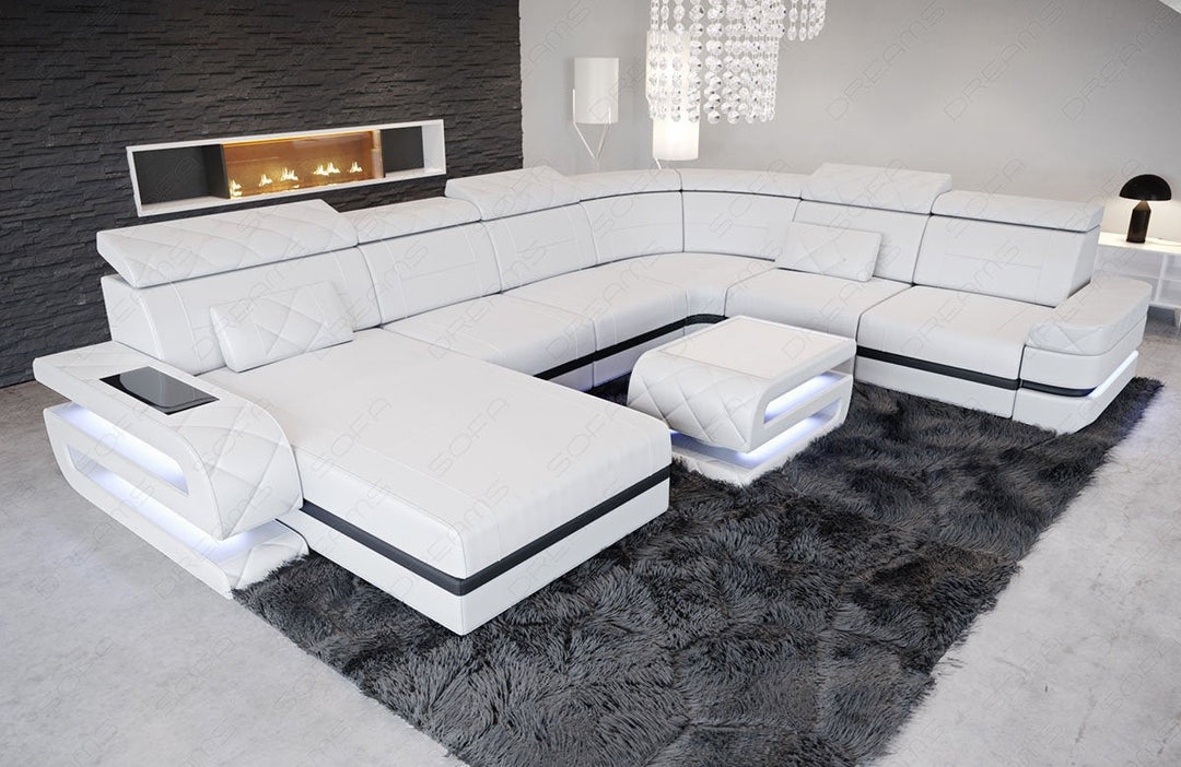 Ledersofa Bologna XXL als Mini Version mit LED Licht in weiss - schwarz