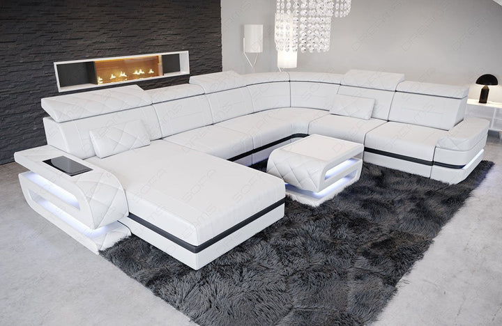 Ledersofa Bologna XXL als Mini Version mit LED Licht in weiss - schwarz
