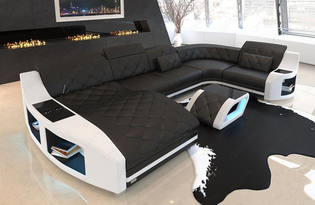 Ledersofa Swing in der Mini U Form mit LED mit Ottomane und LED Beleuchtung 