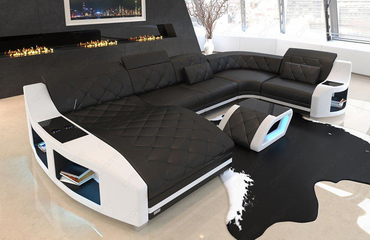 Ledersofa Swing in der Mini U Form mit LED mit Ottomane und LED Beleuchtung 