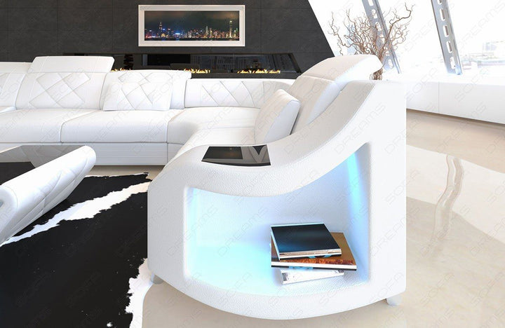 Ledersofa Swing in der Mini U Form mit LED in komplett weiss
