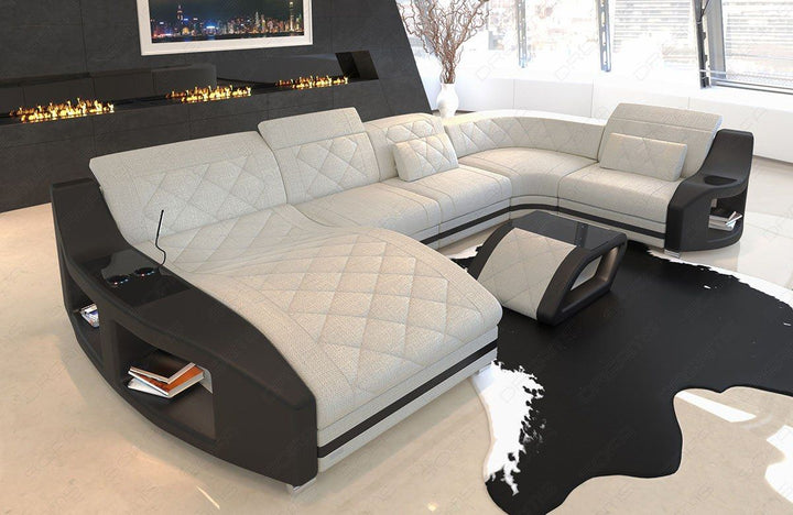 Design Polster Wohnlandschaft Swing u Form mit Ottomane in elfenbein - Hugo1