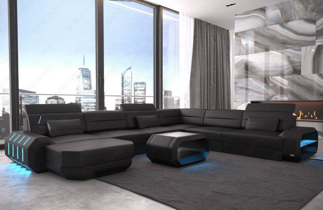Design Wohnlandschaft Roma XXL mit LED Beleuchtung - schwarz