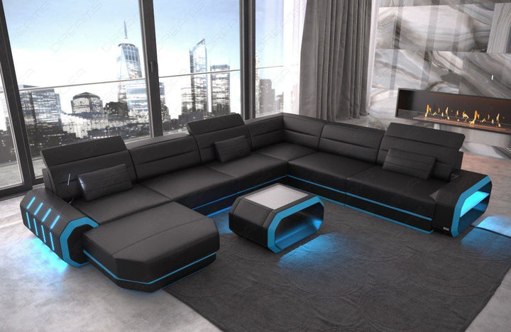 Luxus Wohnlandschaft Roma XXL mit LED Beleuchtung - schwarz-hellblau