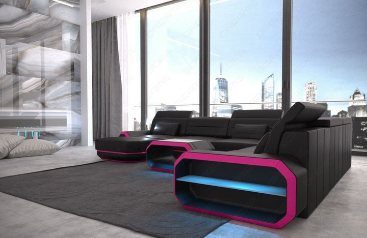 Luxus Wohnlandschaft Roma mit LED Beleuchtung - schwarz-pink