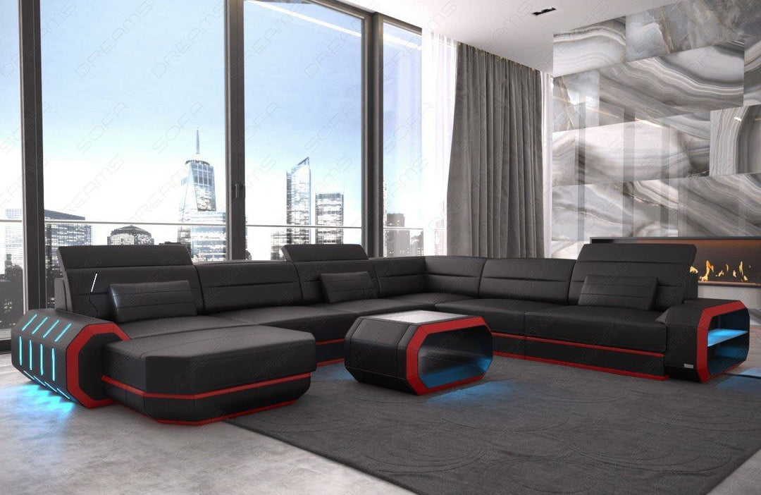 XXL Ledersofa Roma als Mini Variante mit LED und USB - schwarz-rot