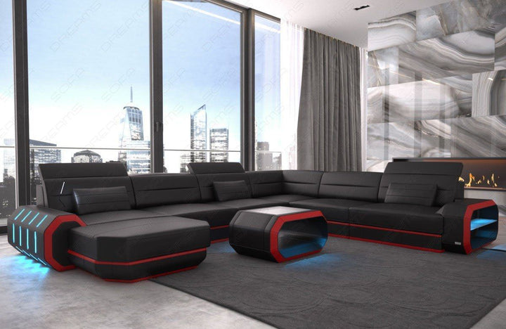 XXL Ledersofa Roma als Mini Variante mit LED und USB - schwarz-rot