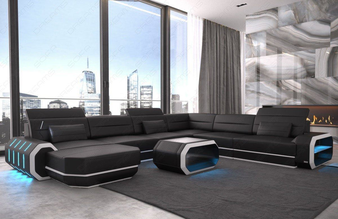 Design Wohnlandschaft Roma XXL mit LED Beleuchtung - schwarz-weiss