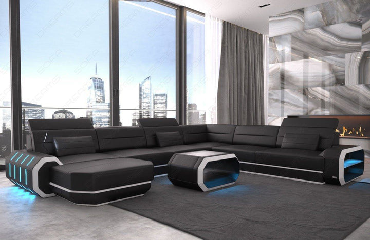 Design Wohnlandschaft Roma XXL mit LED Beleuchtung - schwarz-weiss