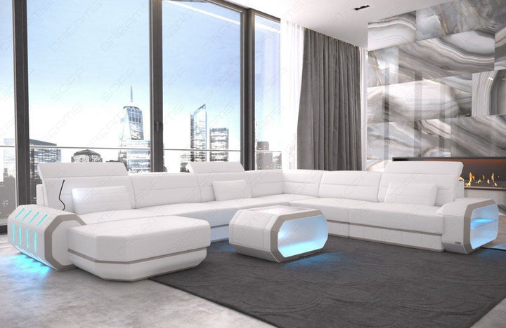 Luxus Ledersofa Roma XXL mit LED Beleuchtung - weiss-beige
