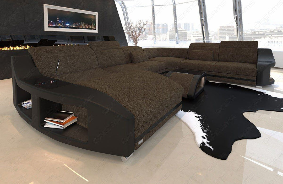 XXL Stoffsofa Swing Mini U Form Sofa mit LED und Ottomane in braun - Hugo8 Strukturstoff