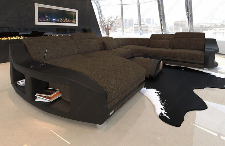 XXL Stoffsofa Swing Mini U Form Sofa mit LED und Ottomane in braun - Hugo8 Strukturstoff