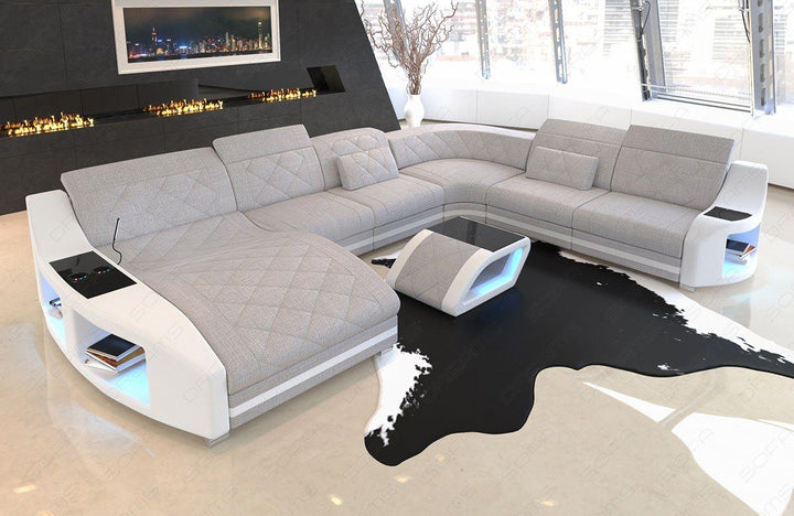XXL Stoffsofa Swing Mini U Form Sofa mit LED und Ottomane in macchiato - Hugo2 Strukturstoff