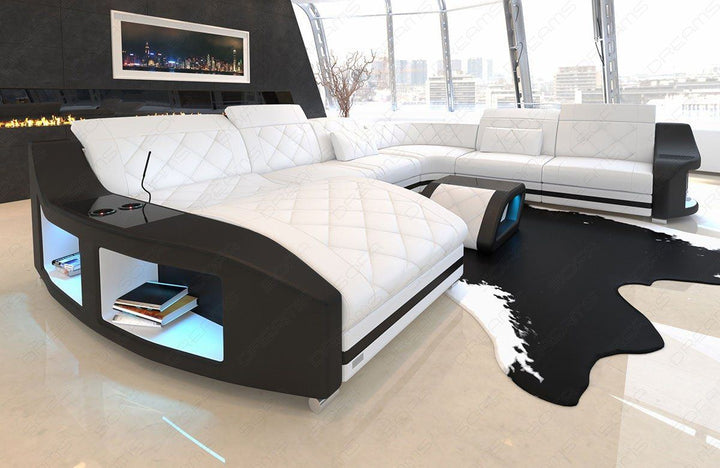 Luxus XXL Sofa mit LED Beleuchtung USB und kÃ¼hlenden Becherhaltern  in weiss - schwarz